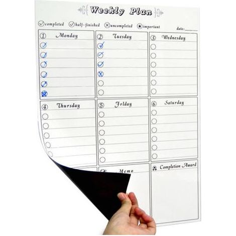 Tableau blanc effaçable à sec pour réfrigérateur – Planificateur hebdomadaire et menu familial magnétique, idéal pour organisation cuisine et liste de courses (1/4)