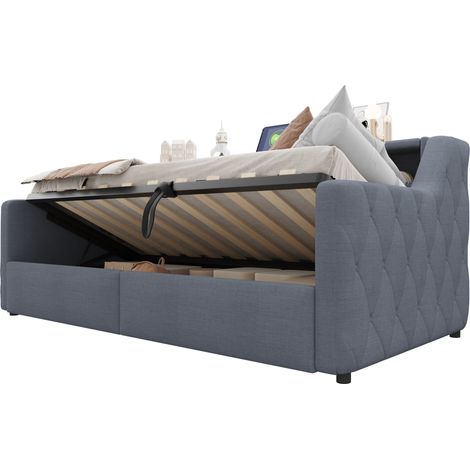 Daybett 90x200 cm avec rangement hydraulique, barrette LED intégrée, tissu lin gris, ports USB et Type-C, matelas non inclus. (1/5)