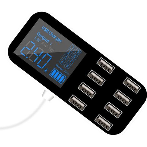 A9S Chargeur de Voiture Rapide 8 Ports Multi USB Écran LCD Chargeur de Téléphone 12V Hub USB pour Téléphone Tablette DVR, Noir MNS (1/4)