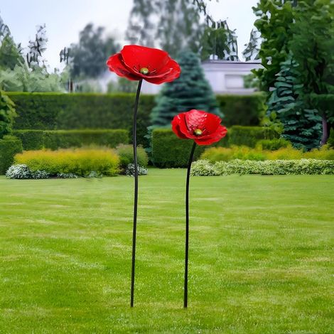 Lot de 2 décorations de jardin classiques en métal avec coquelicots multicolores - Décoration de jardin pour le printemps et l'été - Design durable et résistant aux intempéries - Rouge