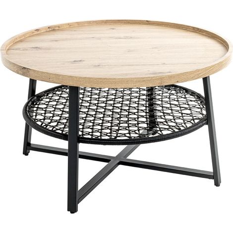 Table basse ronde coloris chêne et métal noir - Diamètre 75 x Hauteur 45 cm (1/5)