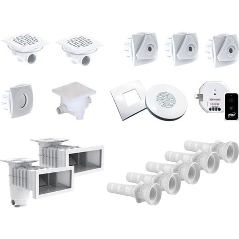 Kit complet de pièces à sceller pour piscine 8 x 4 m – PVC blanc – 2 skimmers, 2 bondes, 3 buses, 1 projecteur LED 36W – Aquazendo