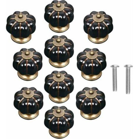 Lot de 10 poignées de porte vintage en céramique en forme de citrouille – Noir, pour armoires, tiroirs, placards et décoration intérieure (1/5)