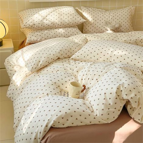 Housse de couette Brown Love avec 2 taies d'oreiller - Parure de lit en microfibre blanche - Drap de 1,8 m, housse de couette 4 pièces, drap de 1,8 x 2,2 m, 2 taies d'oreiller de 2,3 x 2,3 m (1/4)