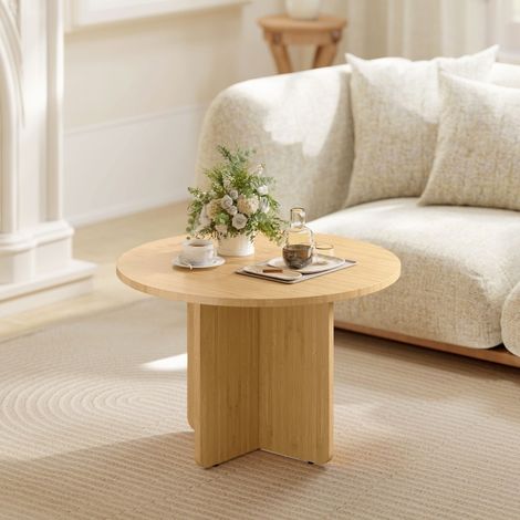 Mesa de centro redonda de bambú con base cruzada, 66 x 66 x 45 cm, natural, REDOM (1/5)