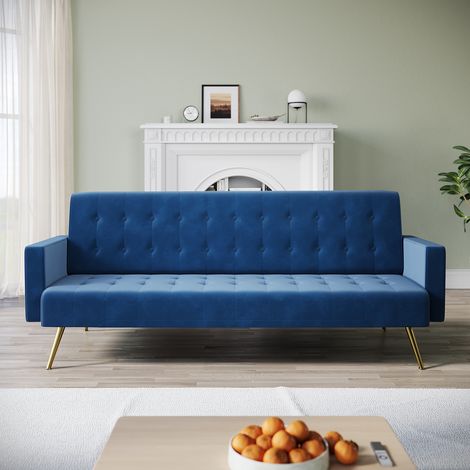 ELEGANT Modern Fabric Sofa Bed Click Clack Sofa Settee Recliner Couch, 3-levels Adjustable, Anti Slip Metal Legs, Velvet Cloth Fabric, Blue, 192x79x75cm