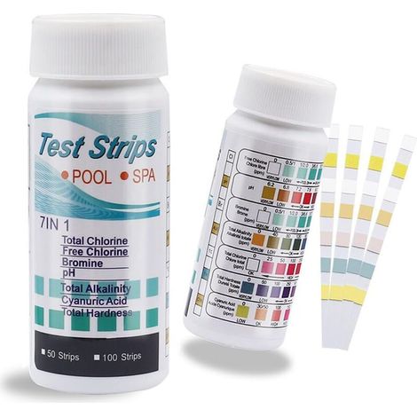 7 En 1 Testeur Pour Eau De Piscine Et Spa, 100 Bandelettes Test Piscine, Bandelette Piscine, Test Piscine Chlore Et Ph, Brome, La Dureté Totale, L’alcalinité Totale, L’acide Cyanurique, Chlore Total (1/5)