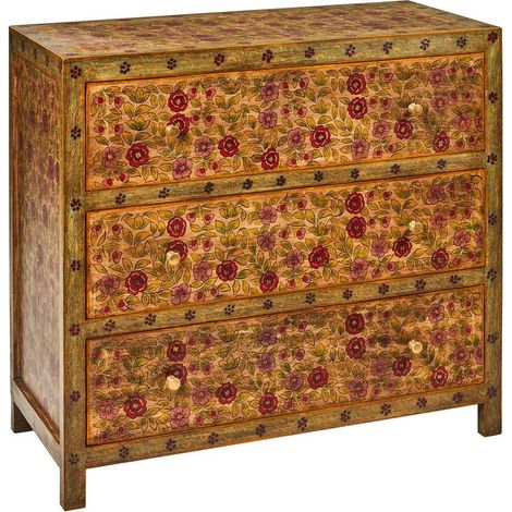 Cassettiera etnica con 3 cassetti design floreale rosso e giallo Frida (1/4)