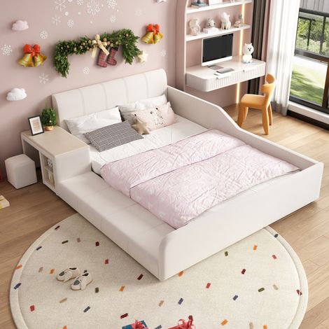 Letto per bambino 140x200 cm in velluto bianco, con scrivania, salvaspazio per cameretta FloraGrace (1/5)