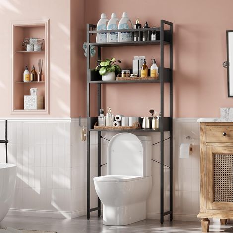 Étagère WC 3 Niveaux Autoportante en Métal, Rangement Salle de Bain Noir (1/5)