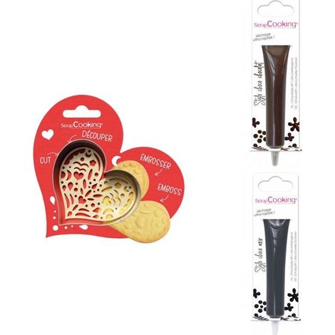 Kit pour biscuit en relief Coeur + 2 Stylos au chocolat marron et noir (1/3)