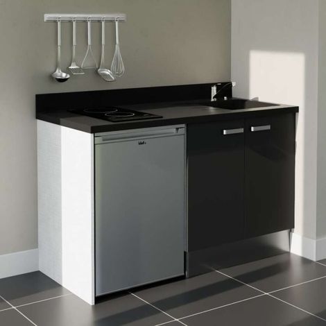 Kitchenette K17L - 140 cm - plan monobloc évier intégré Nero- évier à droite - Façades Noir + Electroménager inclus coloris Inox (1/5)