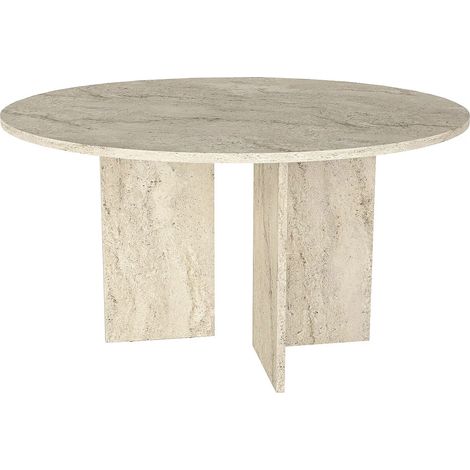 Table à manger ronde 6 personnes - Effet travertin beige - TOPANIA