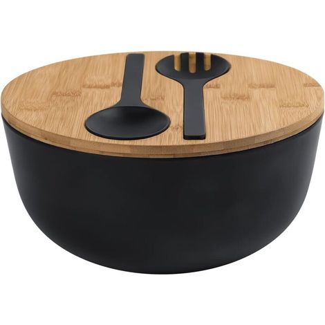 Große Salatschüssel aus Bambusfaser (25 cm) mit Deckel, Löffel und Gabel, für Obst und Salate