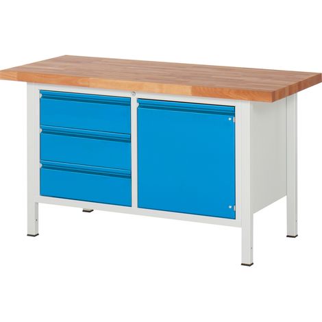 STIER Höhenverstellbare Werkbank Premium mit 3 Schubladen und 1 Flügeltür BxTxH 1500x700x840-1040mm RAL 7035 / RAL 5012
