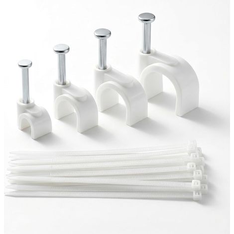 Pack of 400 white cable clips for cables, 4/6/8/10 mm, nail clips for Ethernet, USB, TV cables, with 100 10 cm cable ties (1/5)