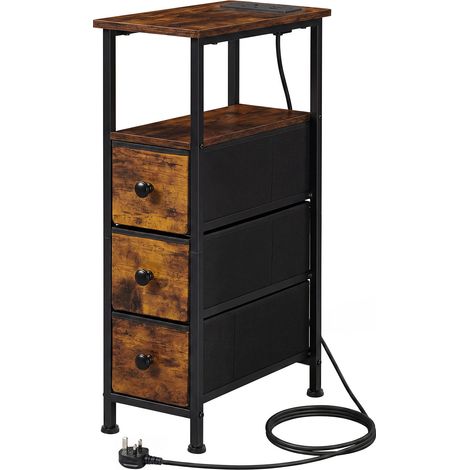Levede Bedside Table with LED Light Charging 3 Fabric Drawers Storage Brown (1/5)
