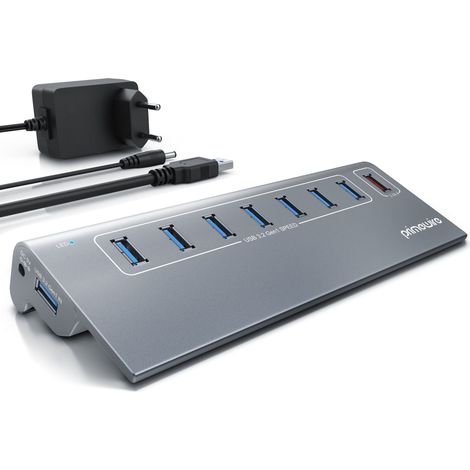 Primewire 8 Port USB 3.2 Gen.1 Port Hub - 8 x USB 3.2 Gen1, Davon 1x USB Ladeport smart Charge - 8 Port Verteiler mit Netzteil - Alugehäuse - für PC (1/5)