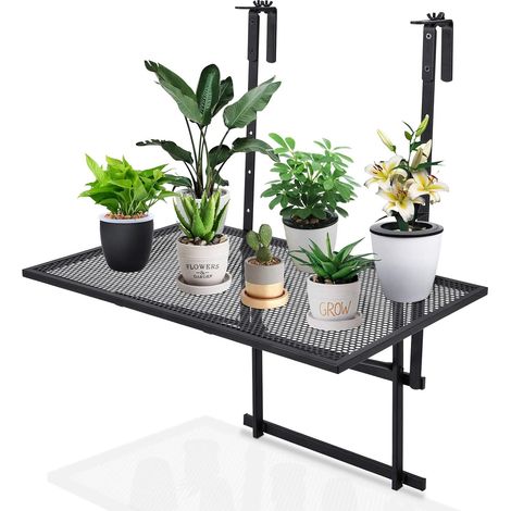 Costway – Table de balcon suspendue rabattable – Hauteur réglable 61,5 à 82,5 cm – Charge max. 20 kg – Structure triangulaire stable – Anti-rouille noir (1/9)
