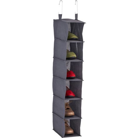 Relaxdays Hängeregal Kleiderschrank, 6 Fächer, Stoff, HBT: 99x15x30 cm, 2 Haken, schmale Schuh-Hängeaufbewahrung, grau