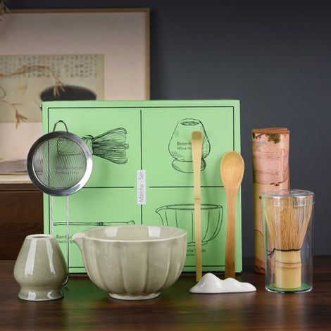 Coffret Matcha 8 pièces - Cuillère à matcha et fouet inclus - Service à thé japonais - Gris-vert (1/5)