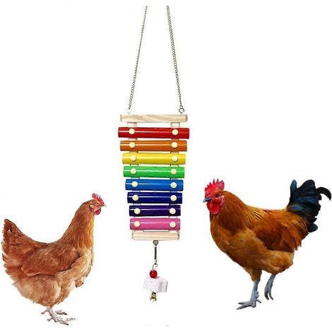 Poule jouet en bois, xylophone en forme de poulet, jouet musical suspendu pour poulailler, avec 8 touches métalliques et 1 meule. (1/5)