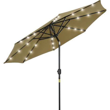 Parasol octogonal inclinable Ø 2,7 x 2,4 m, solaire lumineux 24 LED, polyester haute densité 180 g/m², marron