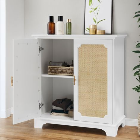 Credenza 80x38x86 cm, con Ante Decorative in Rattan, Buffet e Cantinetta Multifunzione, MDF, Bianco, per Ingresso e Corridoio