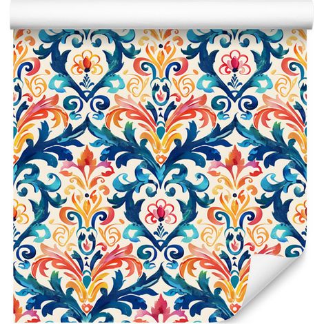 Papier peint baroque damassé bleu et crème pour salon et chambre 50x1000 cm (1/5)