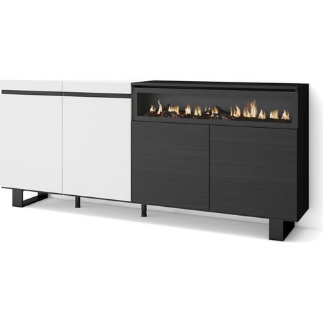 Skraut Home - Aparadores para salón, Gran capacidad de almacenaje, 200x87x35cm, 4 Puertas, Chimenea eléctrica, Diseño industrial, Estilo Moderno, Blanco y negro (1/5)
