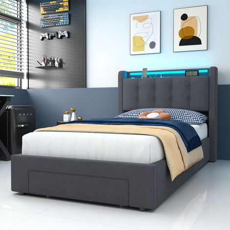 Cama infantil 90x200 cm con canapé abatible hidráulico, cajones, iluminación LED y puertos USB de terciopelo OKMYHOME (1/5)