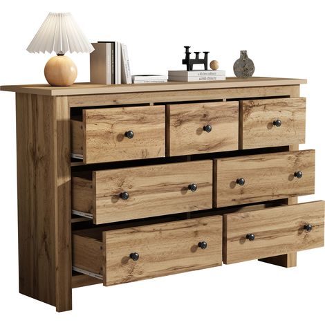 Buffet buffet en bois naturel et blanc, 7 tiroirs, bar cuisine salle à manger (1/5)