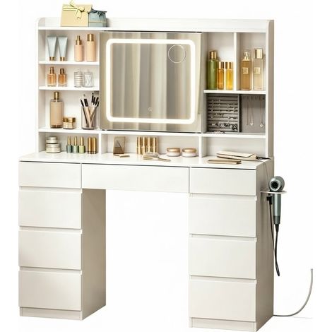 ELVMI Coiffeuse avec 9 Tiroirs, Miroir Coulissant, LED Réglable et Prises, pour Chambre, Bois et Verre, Blanc (1/5)