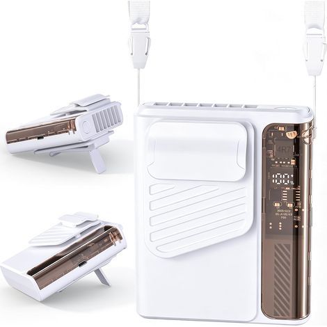 Ventilateur Portable USB rechargeable Extérieur - 3en1 Cou Ceinture Bureau Moteur Puissant 5 Vitesses 4000mAh Écran LED Blanc (1/5)