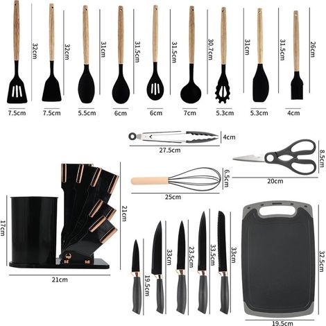 Set mit 19 Silikon-Küchenmessern, 12 Küchenutensilien, 5 Messern, Schneidebrett und Ständer, spülmaschinenfest (1/5)