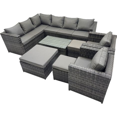 Fimous Outdoor Rattan Rectangular Coffee Table Corner Sofa Sets Garden Furniture Set with 2 Chairs 3 Stools Dark Grey Mixed (1/5)