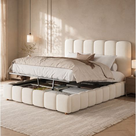 Cama con canapé abatible 140x190 cm de terciopelo, somier y cabecero beige DESVIAE (1/5)