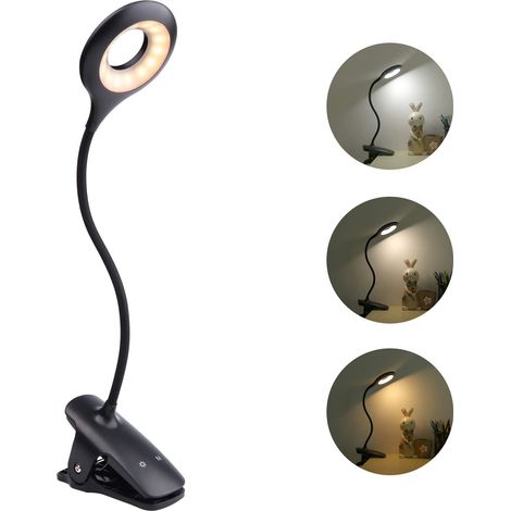 3W Lampe de Chevet USB Rechargeable sans Fil, Lampe Lecture Tactile Noire, 3 Couleur et 3 Intensité Variable, Lampe de Bureau a Pile, Lampe de Lecture avec Pince pour Lire au Lit Enfant (1/5)