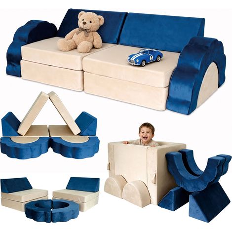 Relaxdays Children's modular play sofa, 10-piece set, soft building blocks, velvet, HxWxD 47x150x65 cm, blue (1/5)