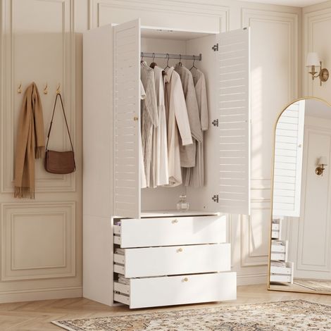 Armoire 90x50x200 cm élégante armoire à double porte persienne avec 1 tringle, 2 portes et 3 tiroirs, blanc (1/5)