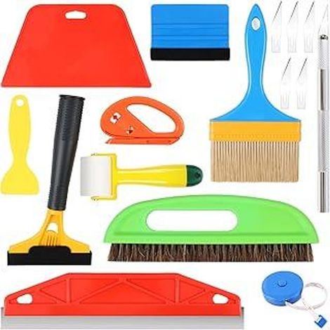 Kit de pose de papier peint 16 pièces, comprenant rouleaux de pression, cutter, spatule, brosse, outils professionnels pour la pose de papier peint, fresques et films adhésifs pour vitres.