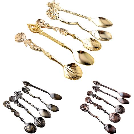Juego de 5 cucharillas de té/café de estilo marinero vintage, en aleación de zinc esculpida, colección Océano, para postres y vajilla decorativa.