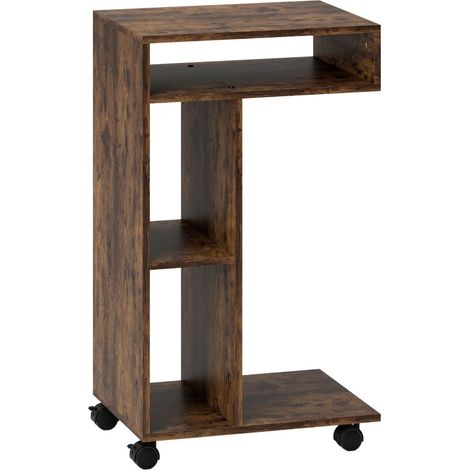 Mesa auxiliar en C con ruedas, 3 compartimentos, 40 x 30 x 69 cm, marrón rústico (1/5)