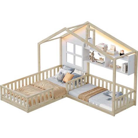 Lit cabane enfant 90x200 cm avec étagères, LED, fenêtre et barrière de sécurité, bois clair, pour chambre d’enfant - CHICFURN (1/5)