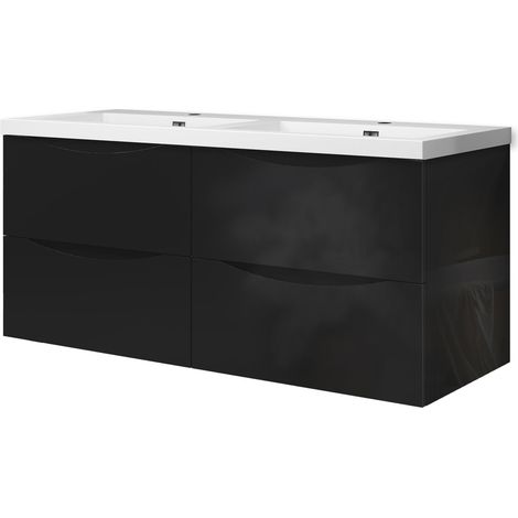 OCEAN Meuble salle de bain 120x44.5x52cm avec lavabo, Suspendu, 4 Tiroirs, Noir Haute Brillance