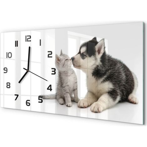 Horloge Murale Sans Tic-Tac 60x30 cm Verre Trempé Design Panoramique Chien et chat (1/5)