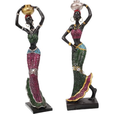 Lot de 2 Statues Décoratives en Résine Synthétique Ornements Femmes Tribales Africaines Finition Galvanisée Or et Argenté Décoration Intérieure Polyvalente Couleur Aléatoire (1/5)