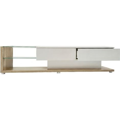 ELVMI Meuble TV avec 2 Tiroirs et 2 Niches en Verre avec LED contrôlée par application pour Salon en Panneaux de Particules Blanc 170 × 36 × 38 cm (1/4)