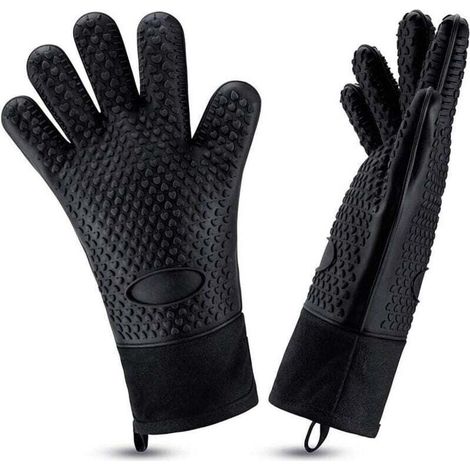 Gants de grill en silicone résistant à la chaleur, longs gants de four imperméables avec doublure en coton, adaptés pour griller, cuisiner et faire cuire au four (noir). (1/4)
