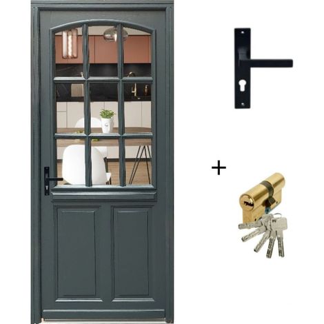 Porte D'Entrée Bois Vitrée, Alexa , Gris Ral7016, H,215Xl,80 P, Droit Cote Tableau + Poignée Et Barillet ( Ref 010723No) (1/5)
